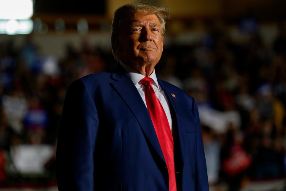 Former U.S. President Donald Trump enters Erie Insurance Arena for a political rally while campaigning for the GOP nomination in the 2024 election on July 29, 2023 in Erie, Pennsylvania.