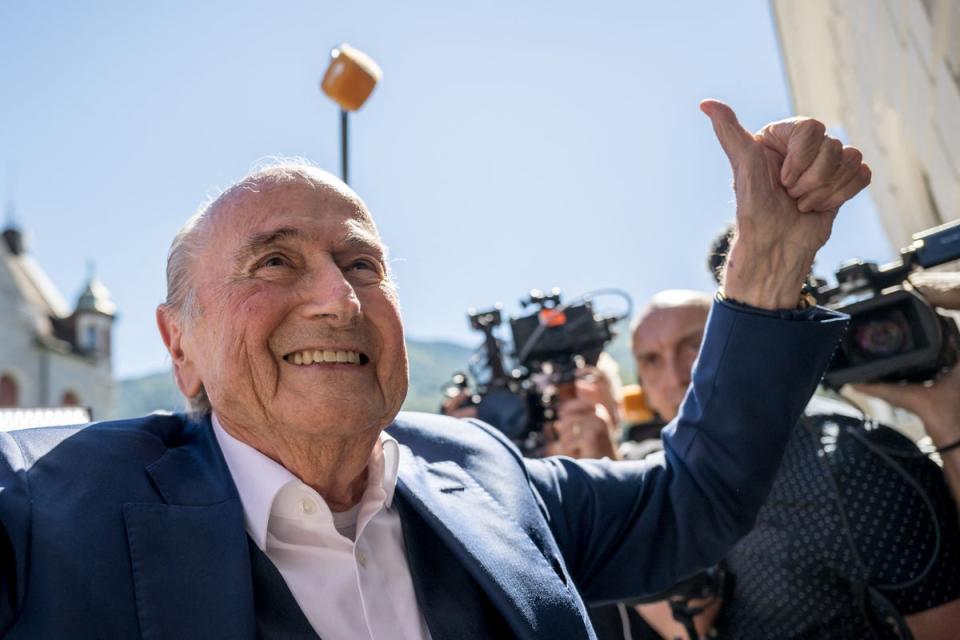 Sepp Blatter celebrates his acquittal outside court in Bellinzona (Getty Images)