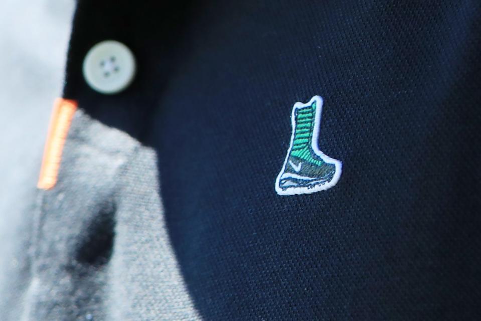 AUGUSTA, GEORGIA - APRIL 10: A detail of a Nike logo on the shirt of Tony Finau of the United States during the Par 3 Contest prior to the Masters at Augusta National Golf Club on April 10, 2019 in Augusta, Georgia. (Photo by Andrew Redington/Getty Images)