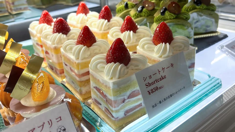Strawberry shortcake is a popular treat in Japan. In US dollar terms, a slice now costs $5.5 versus $8 four years ago. - Himari Semans for CNN