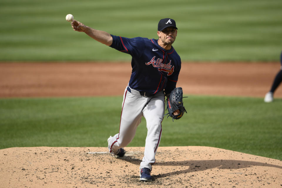 Atlanta Braves starting pitcher Charlie Morton throws during the second inning of a baseball game against the Washington Nationals, Saturday, June 8, 2024, in Washington. (AP Photo/Nick Wass)