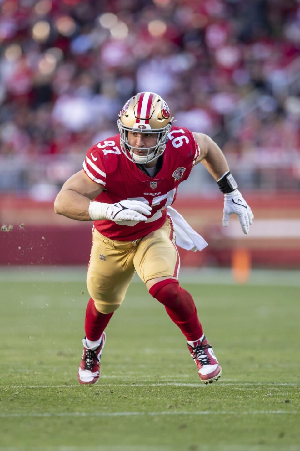 San Francisco 49ers defensive lineman Nick Bosa rushes the line during a win over the Houston Texans on Jan. 2.