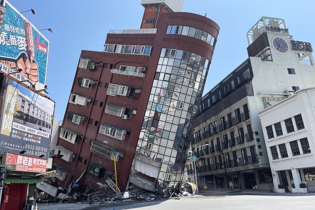 <p>Hualien County Fire Department/Anadolu via Getty Images</p> Building in Taiwan after April 3 earthquake