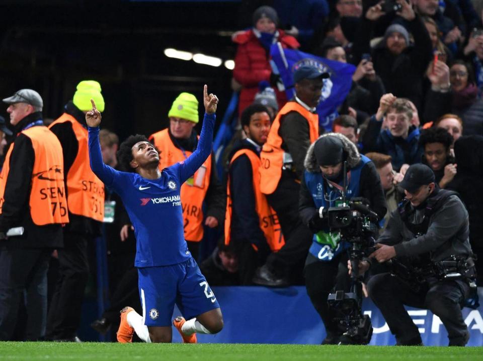 Willian celebrates scoring Chelsea's goal against Barcelona (Getty)