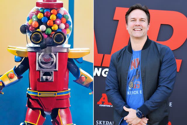 <p>Michael Becker/FOX; Jon Kopaloff/Getty</p> Scott Porter as Gumball on 'The Masked Singer' season 11