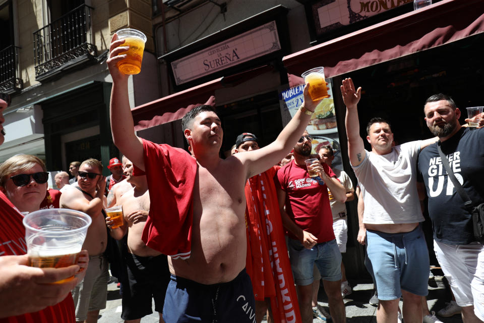 Football fans in Madrid ahead of Tottenham Hotspur v Liverpool in the Champions League Final at the Wanda Metropolitano stadium on Saturday night.