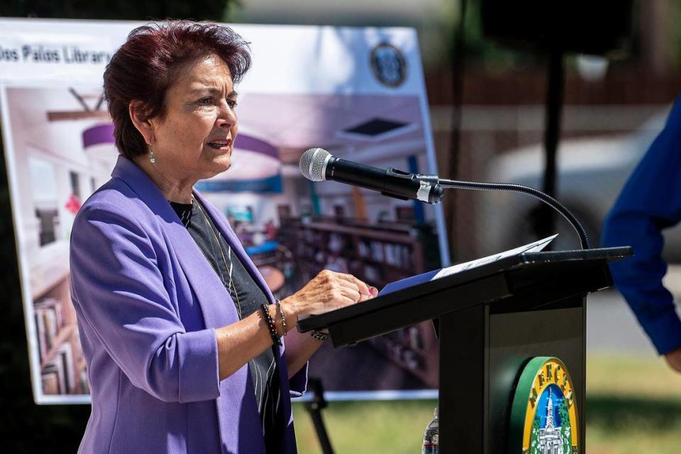 California State Sen. Anna Caballero, D-Merced, speaks during a groundbreaking ceremony for a project that calls for renovations to Del Hale Hall and the relocation of the Dos Palos branch of the Merced County Library at O’Banion Park in Dos Palos, Calif., on Wednesday, Aug. 2, 2023.