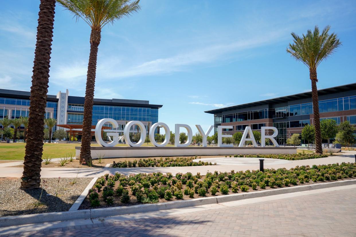 The entrance to the newly built Goodyear Civic Square on July 12, 2022.