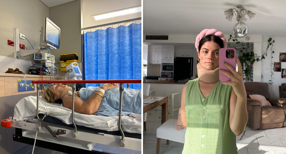 A photo of Lilli's mum with a neck brace in a hospital bed after the crash. A photo of Lilli in her home with a neck brace.