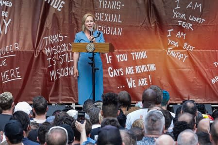 Senator Kirsten Gillibrand speaks during the 50th Anniversary of the Stonewall Uprising in Manhattan in New York City