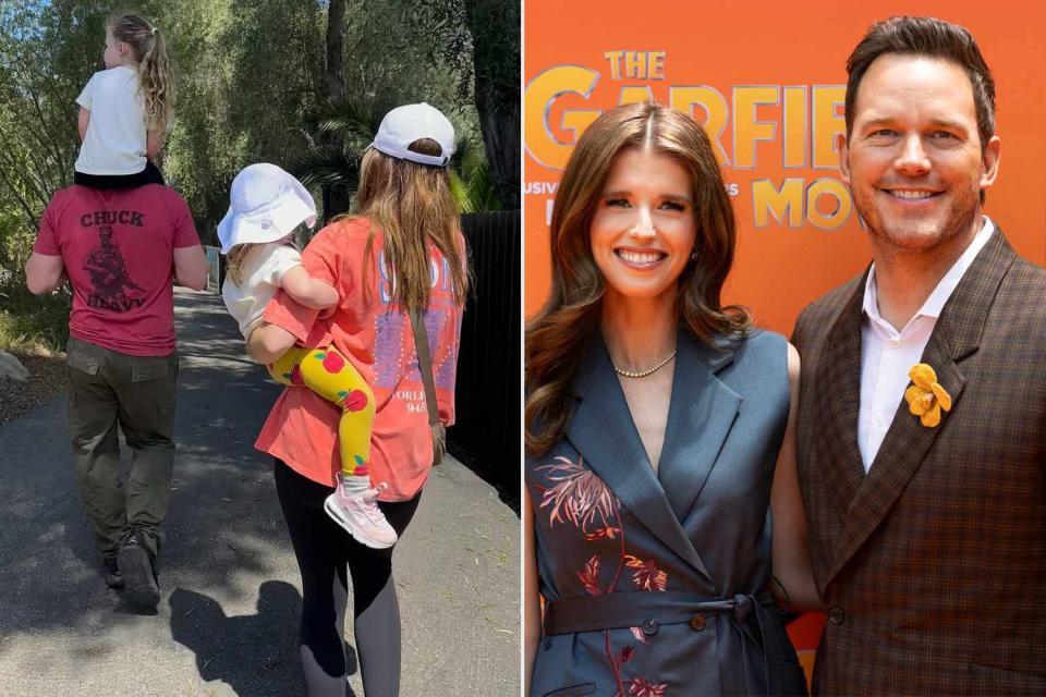 <p>Katherine Schwarzenegger/Instagram; ETIENNE LAURENT/AFP via Getty</p> Katherine Schwarzenegger, Chris Pratt and daughters Eloise Christina and Lyla Maria