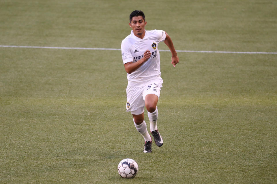 Los Angeles Galaxy II defender Omar Ontiveros has been suspended six games by the United Soccer League for directing a racial slur toward a Black San Diego Loyal player. (Abbie Parr/Getty Images)