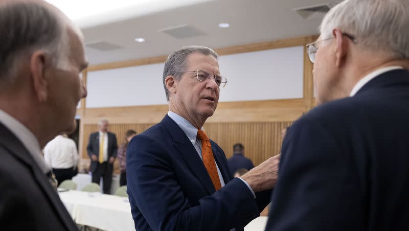 Sam Brownback, U.S. Ambassador-at-Large for International Religious Freedom, speaks with attendees of the International Religious Freedoms Summit at the Relief Society building located on Temple Square in Salt Lake City on Wednesday, Aug. 23, 2023.