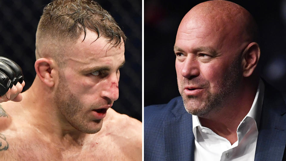 A 50-50 split image shows Alex Volkanovski on the left and Dana White on the right.