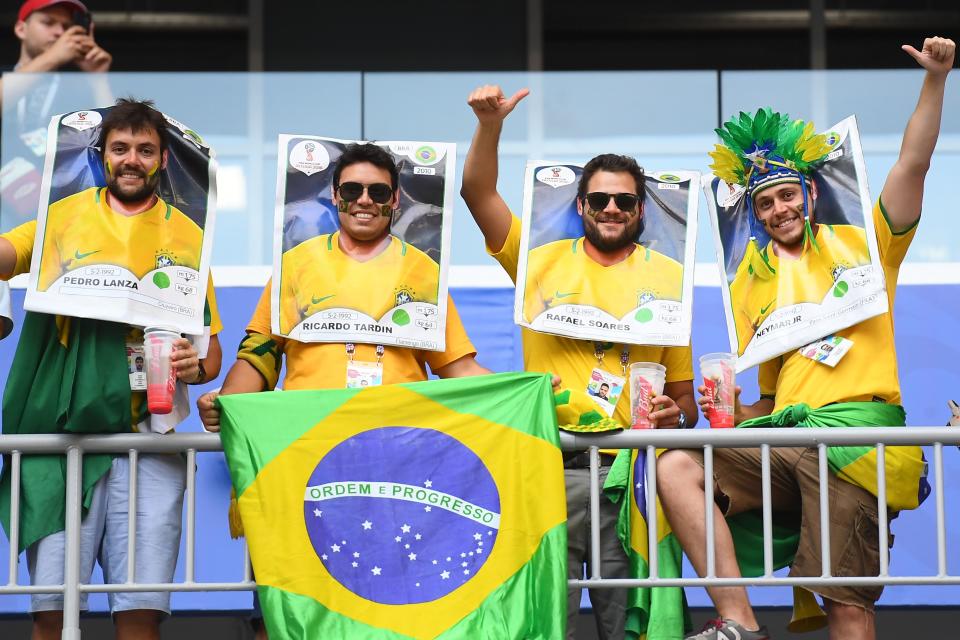<p>Brazil’s fans cheer prior to the Russia 2018 World Cup round of 16 football match between Brazil and Mexico at the Samara Arena in Samara on July 2, 2018. (Photo by MANAN VATSYAYANA / AFP) </p>