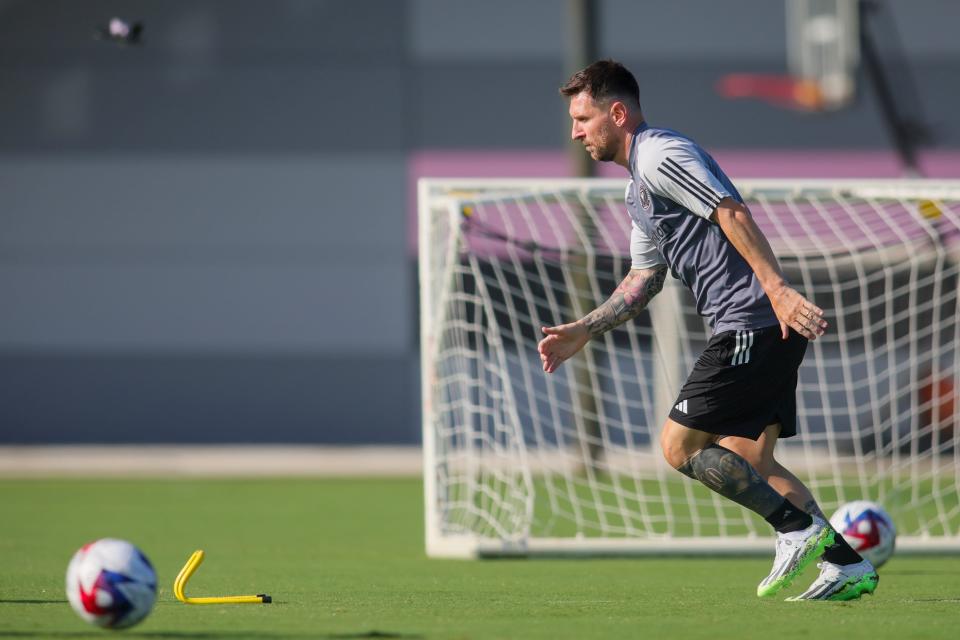 Lionel Messi takes part in his first Inter Miami CF training session at Florida Blue Training Center.