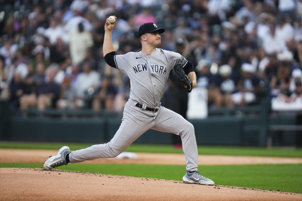 New York Yankees starting pitcher Clarke Schmidt throws to a Chicago White Sox batter during the first inning of a baseball game Tuesday, Aug. 8, 2023, in Chicago. (AP Photo Erin Hooley)