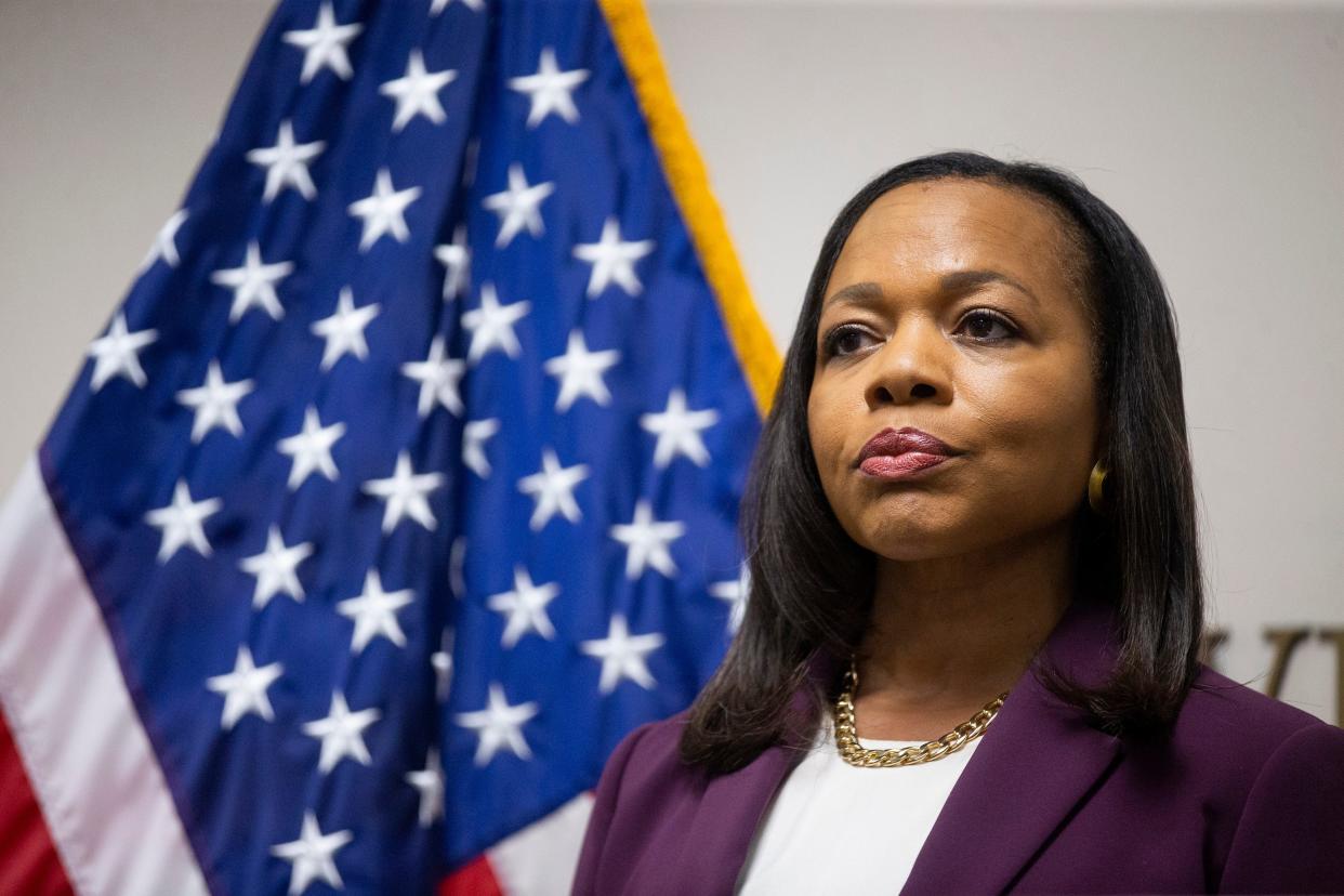 U.S. Attorney General for the Western District of Tennessee Kevin Ritz looks on as Assistant U.S. Attorney General Kristen Clarke, head of the Department of Justice’s civil rights division, looks on during a press conference announcing that an indictment is pending in federal court for the five now-former Memphis police officers involved in the Tyre Nichols case in Memphis, Tenn., on Tuesday, September 12, 2023.