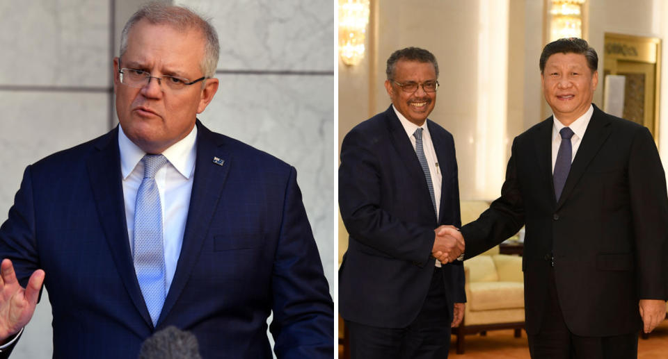 Scott Morrison, pictured left, has called the inquiry push "unremarkable". WHO director-general Tedros Adhanom Ghebreyesus and Chinese president Xi Jinping are pictured shaking hands on the right.