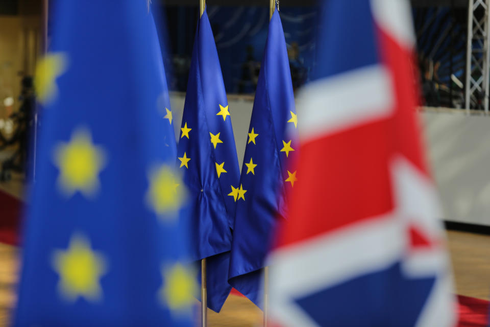 Flags of the European Union EU and the United Kingdom UK / Great Britain among all the other European flags in Forum Europa Building in Brussels, Belgium, during the European Council summit - special meeting of EU Leaders about Article 50 and the departure of United Kingdom from EU, Brexit on October 2019 (Photo by Nicolas Economou/NurPhoto via Getty Images)