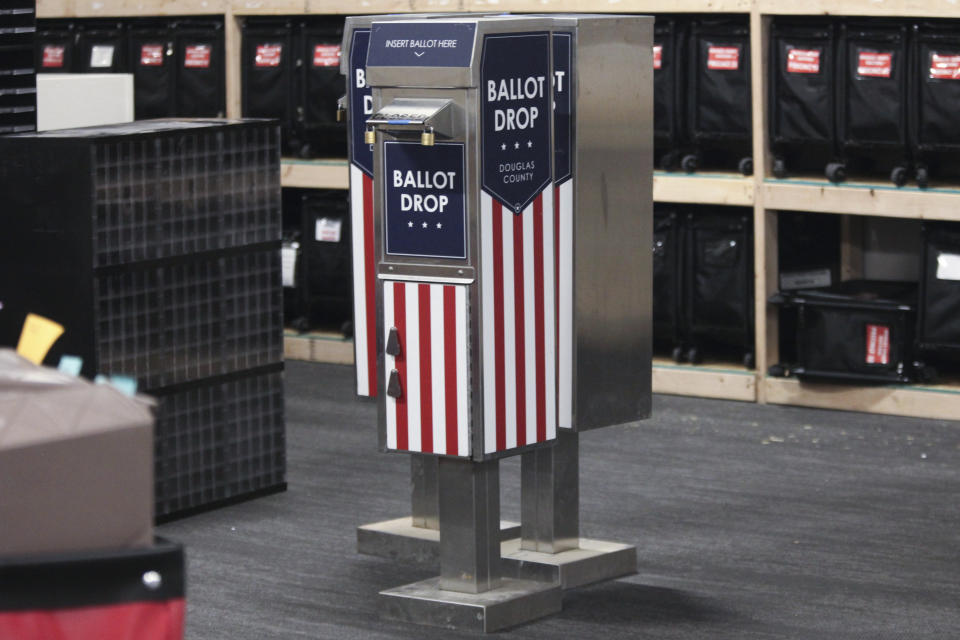 A ballot drop boxes used in local elections sits in storage in Lawrence, Kansas, March 21, 2022. Some Republican legislators in Kansas want to ban remote drop boxes in a vote Tuesday, March 5, 2024, and their push is endangering another GOP proposal to shorten the time voters have to return mail ballots. (AP Photo/John Hanna)