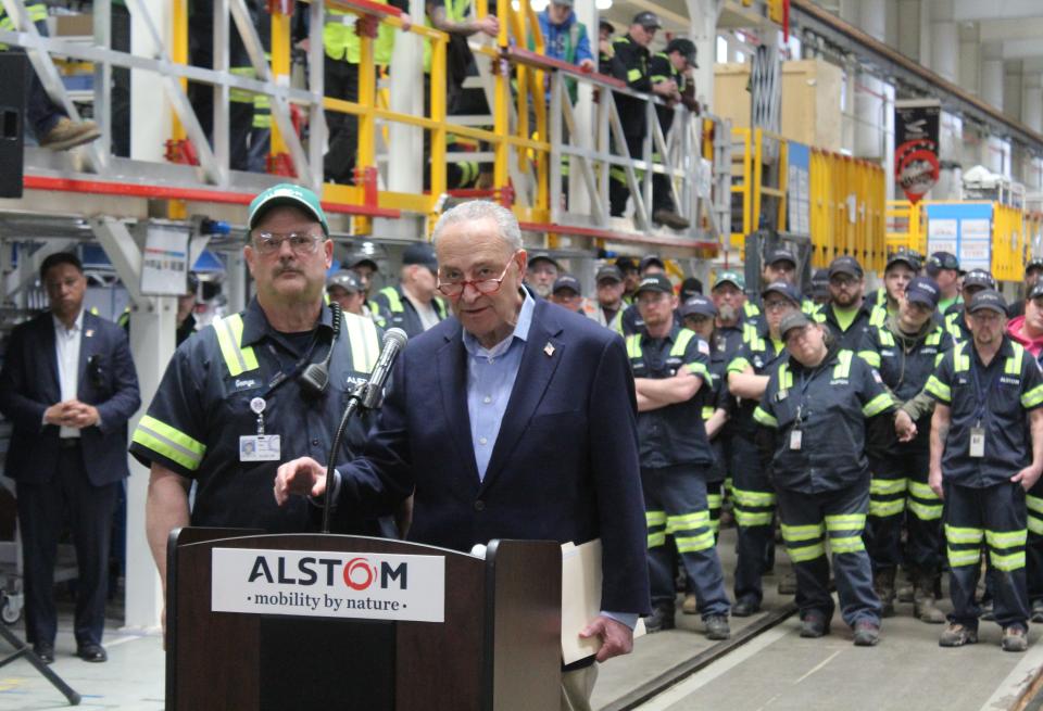 Senate Majority Leader Chuck Schumer speaks at Alstom in Hornell Tuesday, April 4, 2023, highlighting the impact of recent legislation on the rail industry and the Hornell workforce.