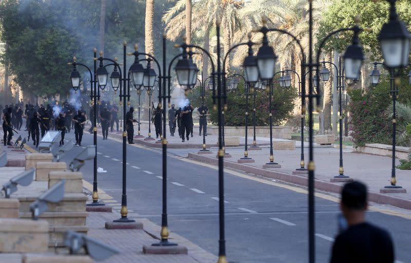 Supporters of Iraqi populist leader Moqtada al-Sadr protest at the Green Zone, in Baghdad