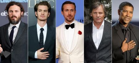 De izquierda a derecha, los candidatos al Oscar al mejor actor Casey Affleck, Andrew Garfield, Ryan Gosling, Viggo Mortensen y Denzel Washington. Imagen de archivo. REUTERS/Equipo/Archivo.