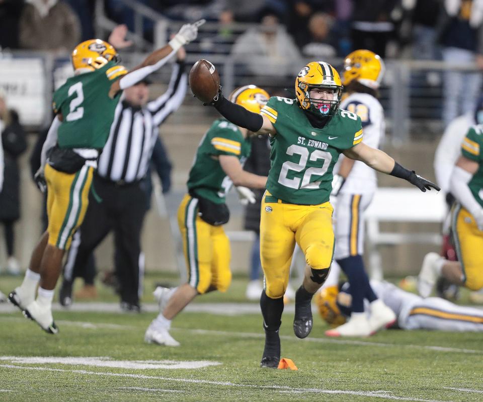 Lakewood's Nick Variglotti celebrtaes a third-quarter fumble recovery against Springfield in the Division I state championship game at Tom Benson Hall of Fame Stadium in Canton, Friday, Dec. 2, 2022.