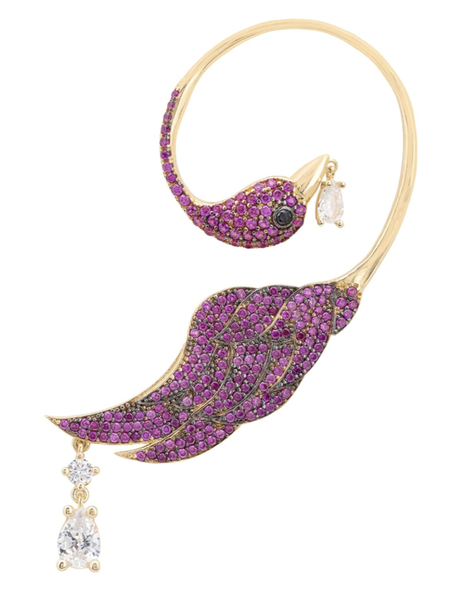 Bird of Paradise Ear Cuff by Latelita, $229. Bird's neck winds over the ear and the head and wings are encrusted in hot pink gems.