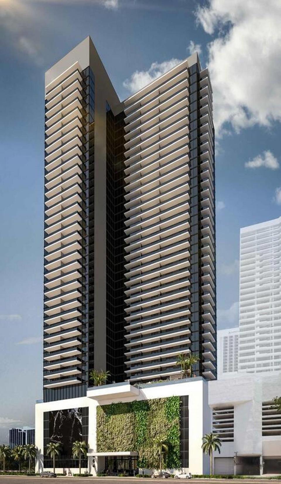 Representación del rascacielos de $225 millones que se construirá en el estacionamiento y el terreno baldío adyacente de la histórica Trinity Episcopal Cathedral, en Edgewater, Miami.