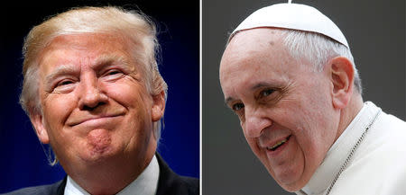 FILE PHOTO A combination of file photos shows Donald Trump (L) speaking to the Veterans of Foreign Wars conference at a campaign event in Charlotte, North Carolina, U.S., July 26, 2016, and Pope Francis looking on during his Wednesday general audience at Saint Peter's Square at the Vatican March 19, 2014. REUTERS/Carlo Allegri/Stefano Rellandini/File Photos