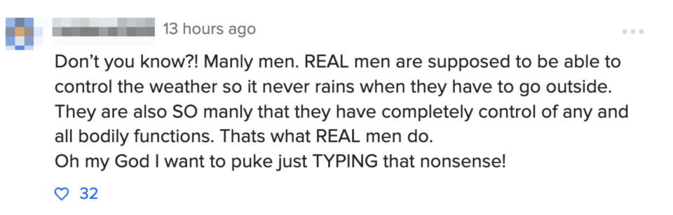 Comment discussing satirical expectations of 'real men,' expressing disbelief and disgust