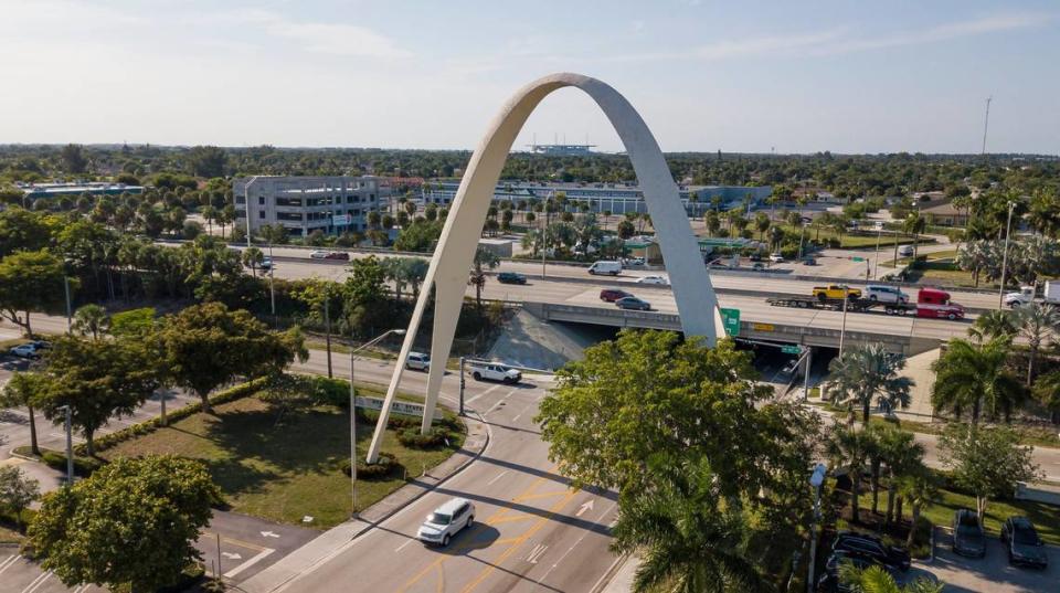 Aerial view of the Sunshine State Arch on May 11, 2023, in Miami Gardens.
