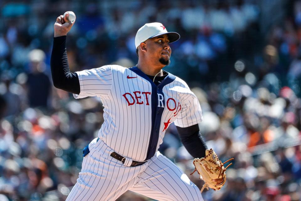 Detroit Tigers pitcher Rony Garcia (51) delivers a pitch against the Texas Rangers during the first inning at Comerica Park in Detroit on Saturday, June 18, 2022.