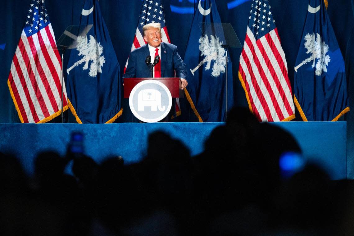 Former President Donald Trump speaks at the Silver Elephant Gala in Columbia, South Carolina on Saturday, August 5, 2023. Drew McKissick, party chair of the South Carolina Republican Party, says this the most attended Silver Elephant Gala in the party’s history.