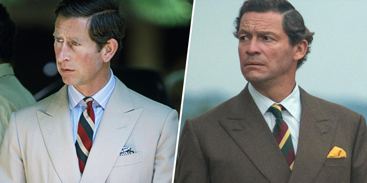 (L) Prince Charles In Budapest, Hungary on May 9, 1990. (L) Dominic West as Prince Charles in Season 5 of The Crown. (Getty Images, Netflix)