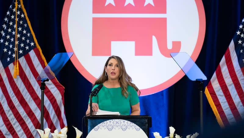 Republican National Committee Chair Ronna McDaniel speaks at the committee's winter meeting in Dana Point, Calif., Jan. 27, 2023. McDaniel says she will leave her post on March 8. She's leaving the GOP’s national leadership as Donald Trump moves toward another presidential nomination and asserts new control over the party.