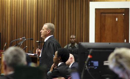 State Prosecutor Gerrie Nel addresses the court during the trial of Oscar Pistorius at the North Gauteng High Court in Pretoria, May 13, 2014. REUTERS/Themba Hadebe/Pool