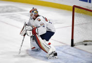 Florida Panthers goaltender Sergei Bobrovsky (72) warms up while wearing a Pride Night hockey jersey before playing the Toronto Maple Leafs, Thursday, March 23, 2023, in Sunrise, Fla. A handful of players have objected to participating in pregame warmups that included Pride-themed jerseys. (AP Photo/Michael Laughlin)