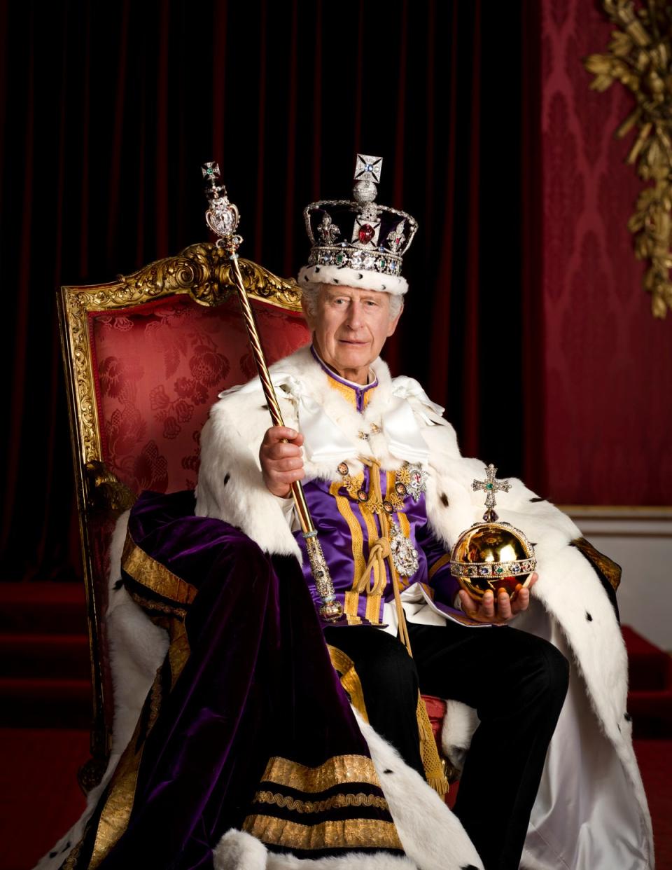 King Charles III in full regalia in the Throne Room at Buckingham Palace (Hugo Burnand/Royal Household 2023/PA)