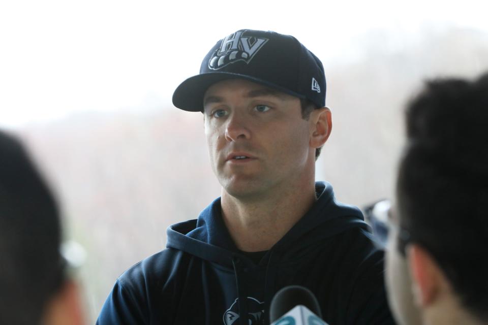 Hudson Valley Renegades pitching coach, Spencer Medick talks during Media Day at Heritage Financial Park on April 2, 2024.
