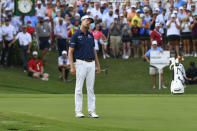 Harris English reacts after missing a putt for birdie on the 18th green whichwould have put him in a playoff during the final round in the World Golf Championship-FedEx St. Jude Invitational tournament, Sunday, Aug. 8, 2021, in Memphis, Tenn. (AP Photo/John Amis)