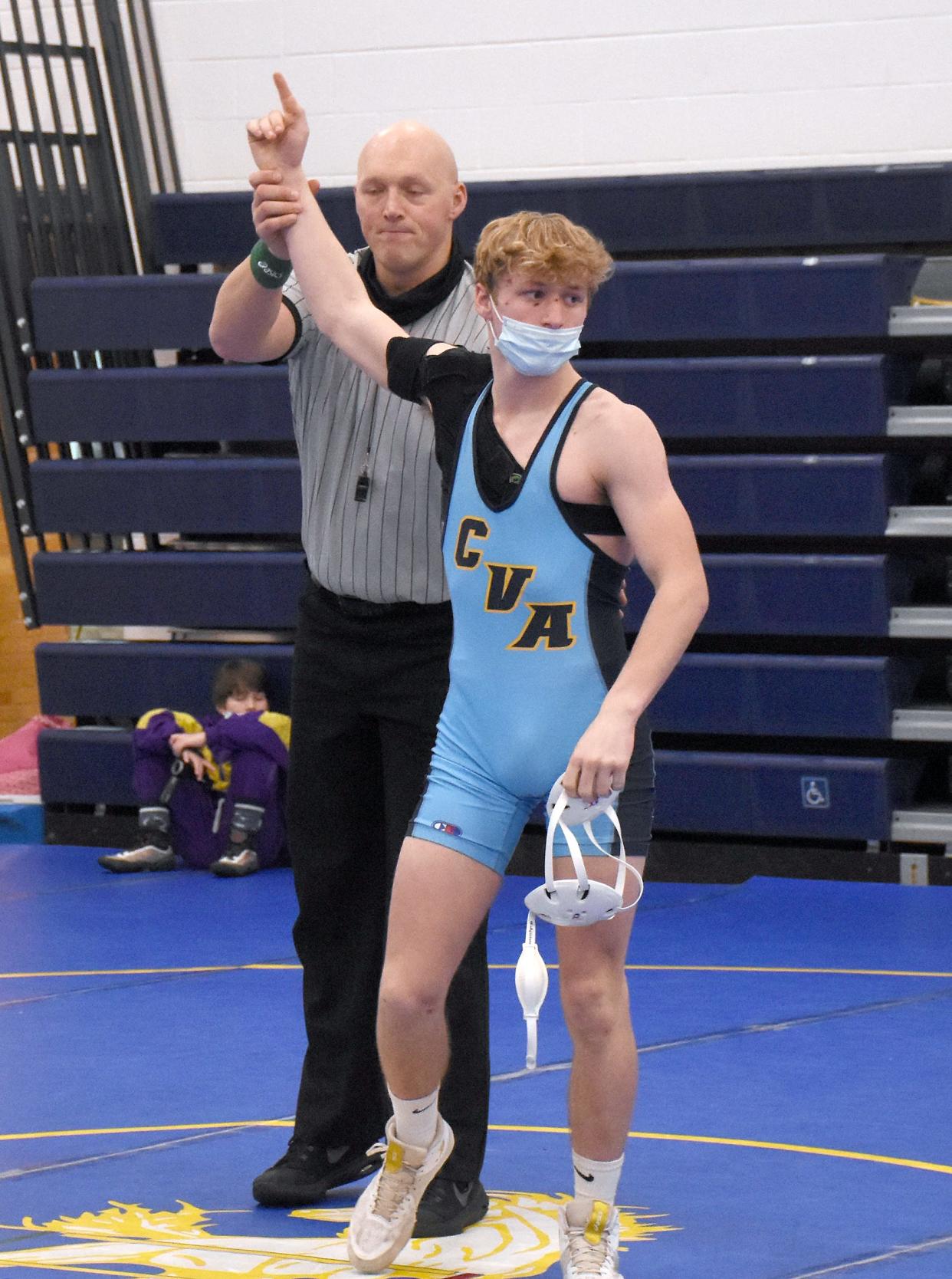 Central Valley Academy's Sixx Cook has his hand raised in victory after pinning an opponent from Holland Patent at the Dominick DeSiato Duals Saturday. Sixx and the Thunder went 5-0 in team competition to win the six-team tournament.