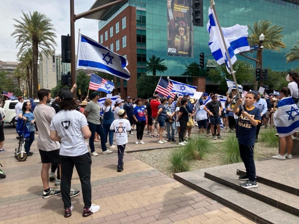 Pro Israel supporters gathered at Arizona State University's Tempe campus on May 5, 2024 to express their support for the country and called for Hamas to release its remaining hostages.