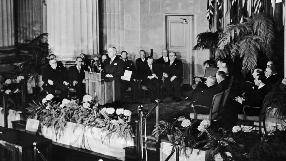 Heads of state and diplomats gathered in the Mellon Auditorium, April 1949, for the founding of Nato