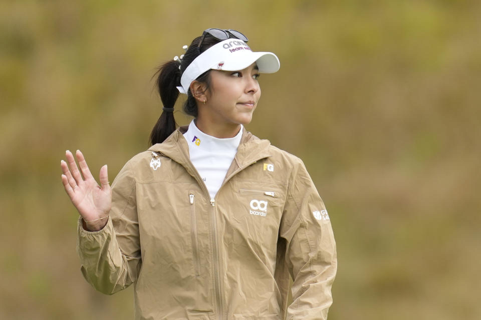 Alison Lee of the United States reacts after making a putt on the seventh hole during the final round of the BMW Ladies Championship at the Seowon Hills Country Club in Paju, South Korea, Sunday, Oct. 22, 2023. (AP Photo/Lee Jin-man)
