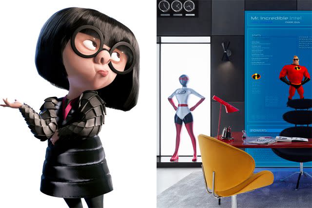 <p>Walt Disney/courtesy Everett; Airbnb</p> Edna Mode in 'The Incredibles' ; Mode's house on Airbnb