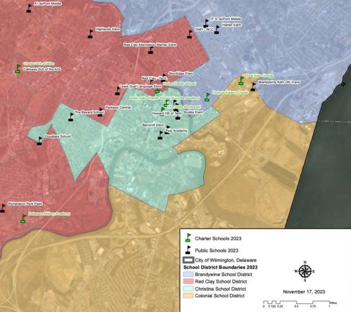 In a current Wilmington map, Red Clay Consolidated School District hugs the western edge, Brandywine from the north-east, Colonial from the south, all cradling Christina’s piece toward city center, isolated from the rest of its Newark-area district, as of 2024.