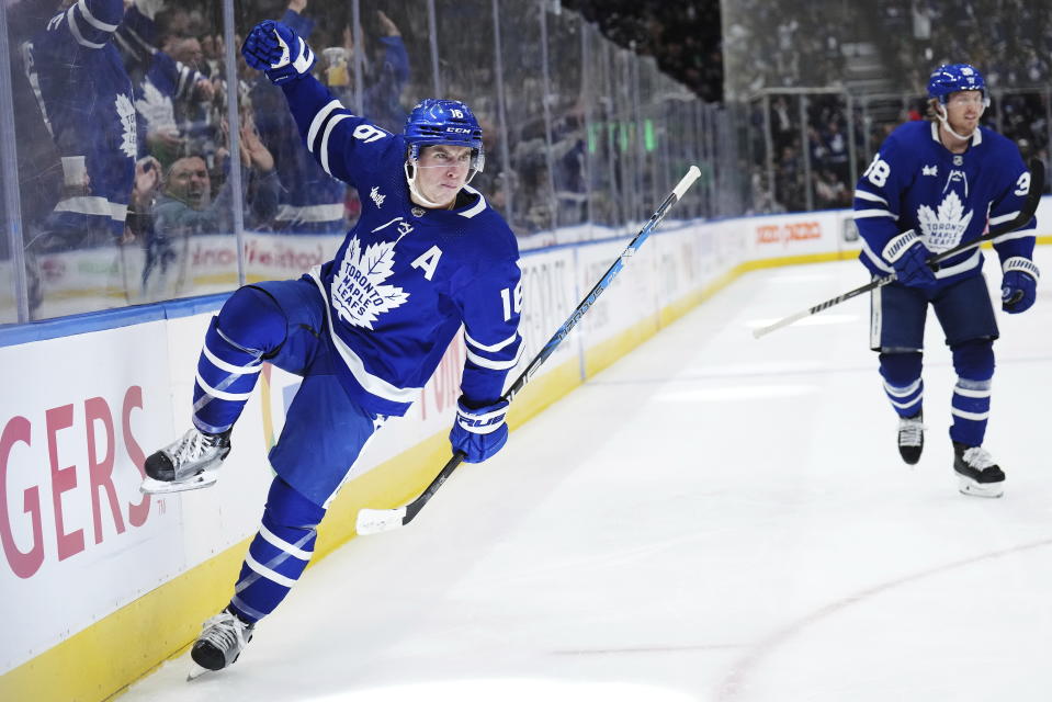 Toronto Maple Leafs forward Mitchell Marner (16) celebrates his goal against the Vegas Golden Knights during the second period of an NHL hockey game, Tuesday, Nov. 8, 2022 in Toronto. (Nathan Denette/The Canadian Press via AP)